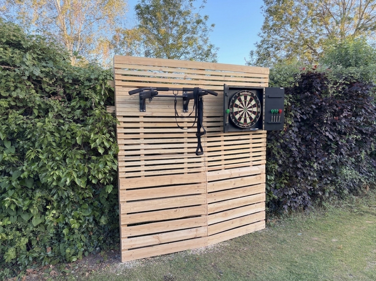 Slatted timber screening with fitness area
